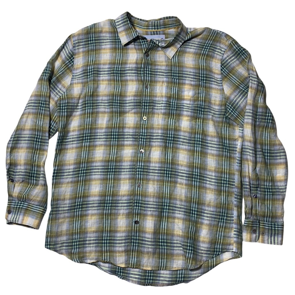 32 Bar Blues Linen Plaid Button Down Long Sleeve Mens Size Large